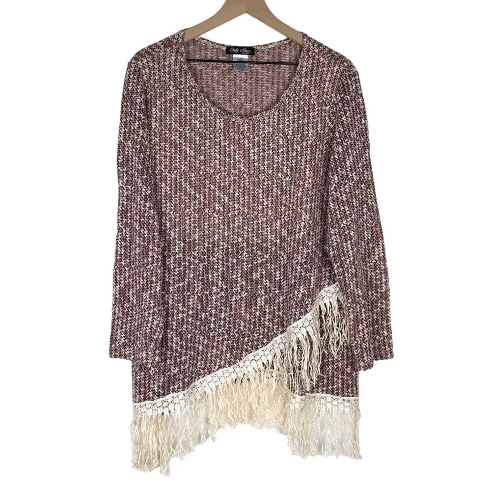ONLY NINE Woman Top Sweater Blouse Woven Fringe Asymmetrical Trim Scoop Neck 2X - Picture 9 of 9